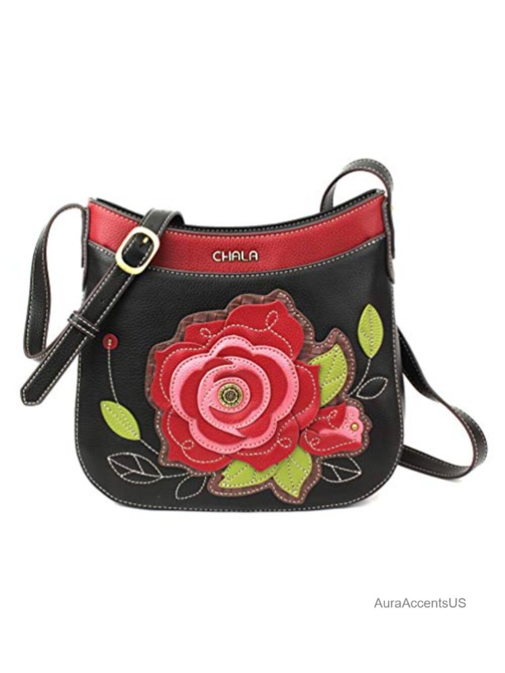 Faux Leather Floral Crescent Crossbody Bag with Pockets